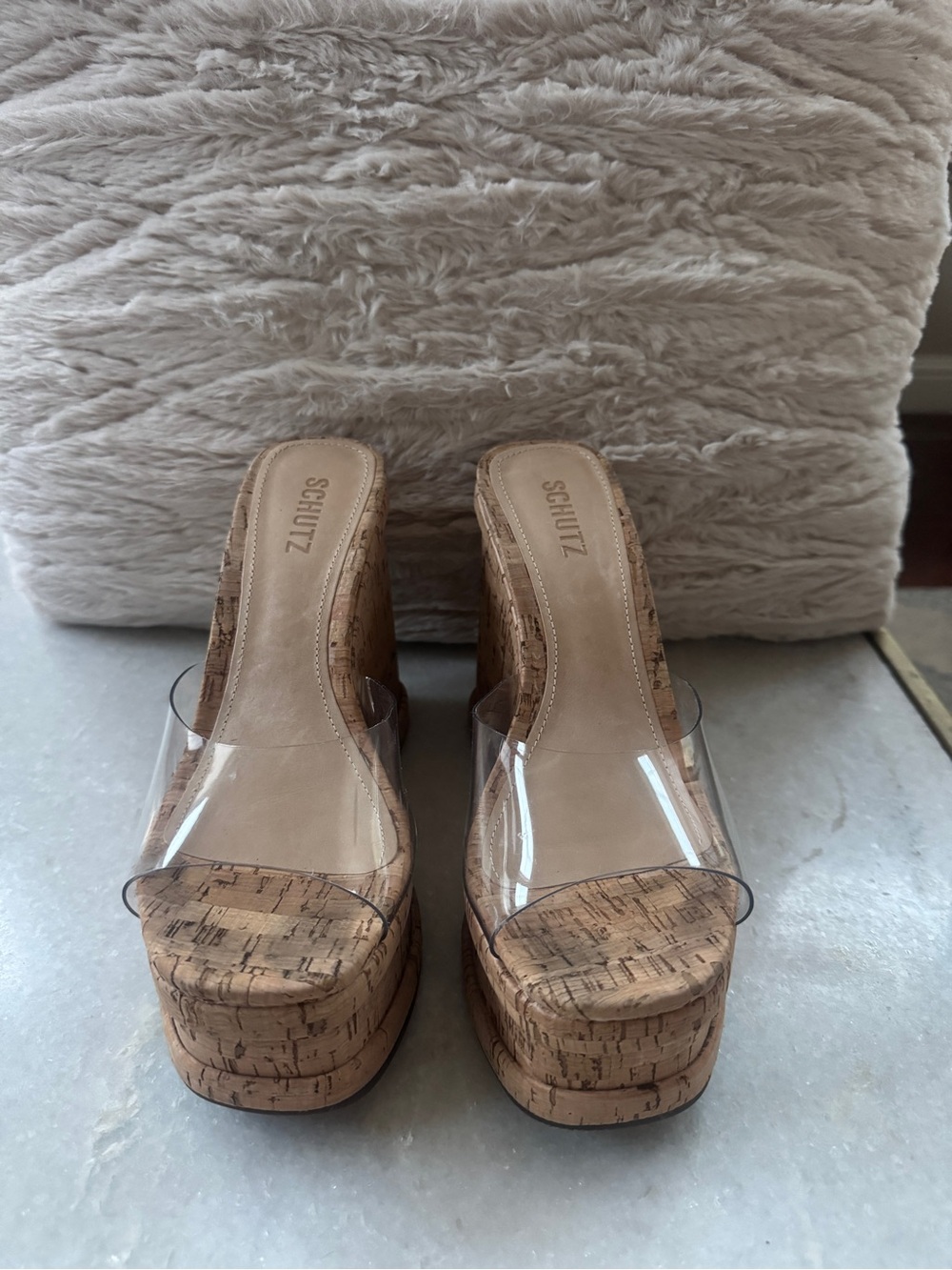 SCHUTZ Clear Vinyl Cork Platform Mule - Nude/Clear